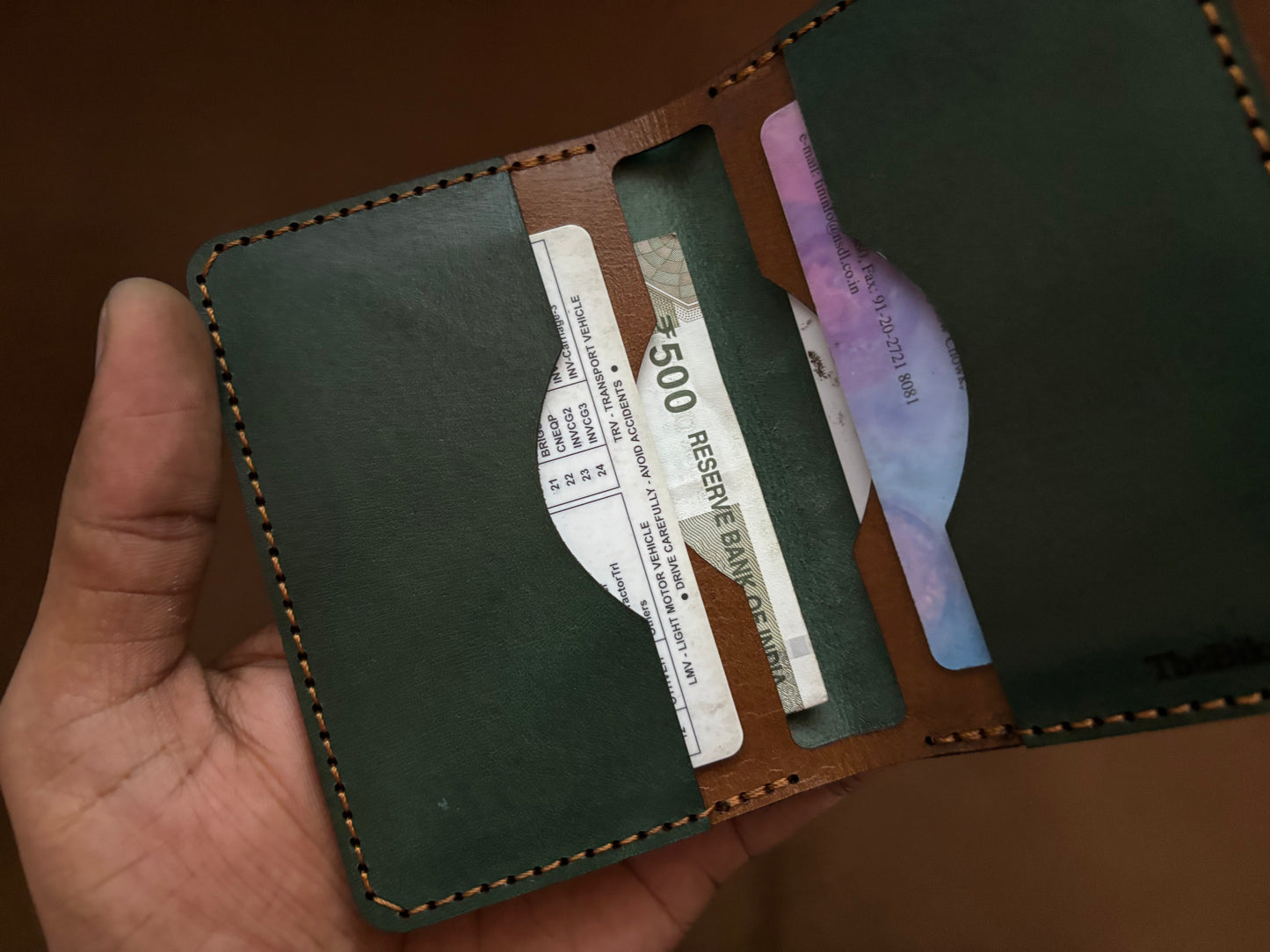 The Card Wallet - Bottle Green on British Tan