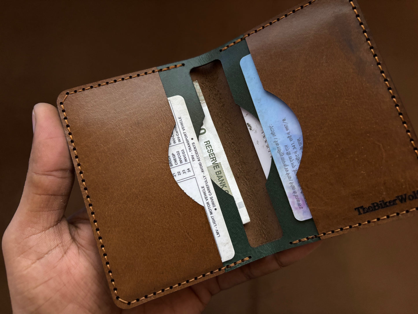 The Card Wallet - British Tan on Bottle Green